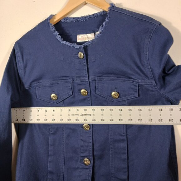 Kim Gravel, Belle, Medium Navy Denim Jacket with Gold Buttons and Frayed Trim - Picture 10 of 15